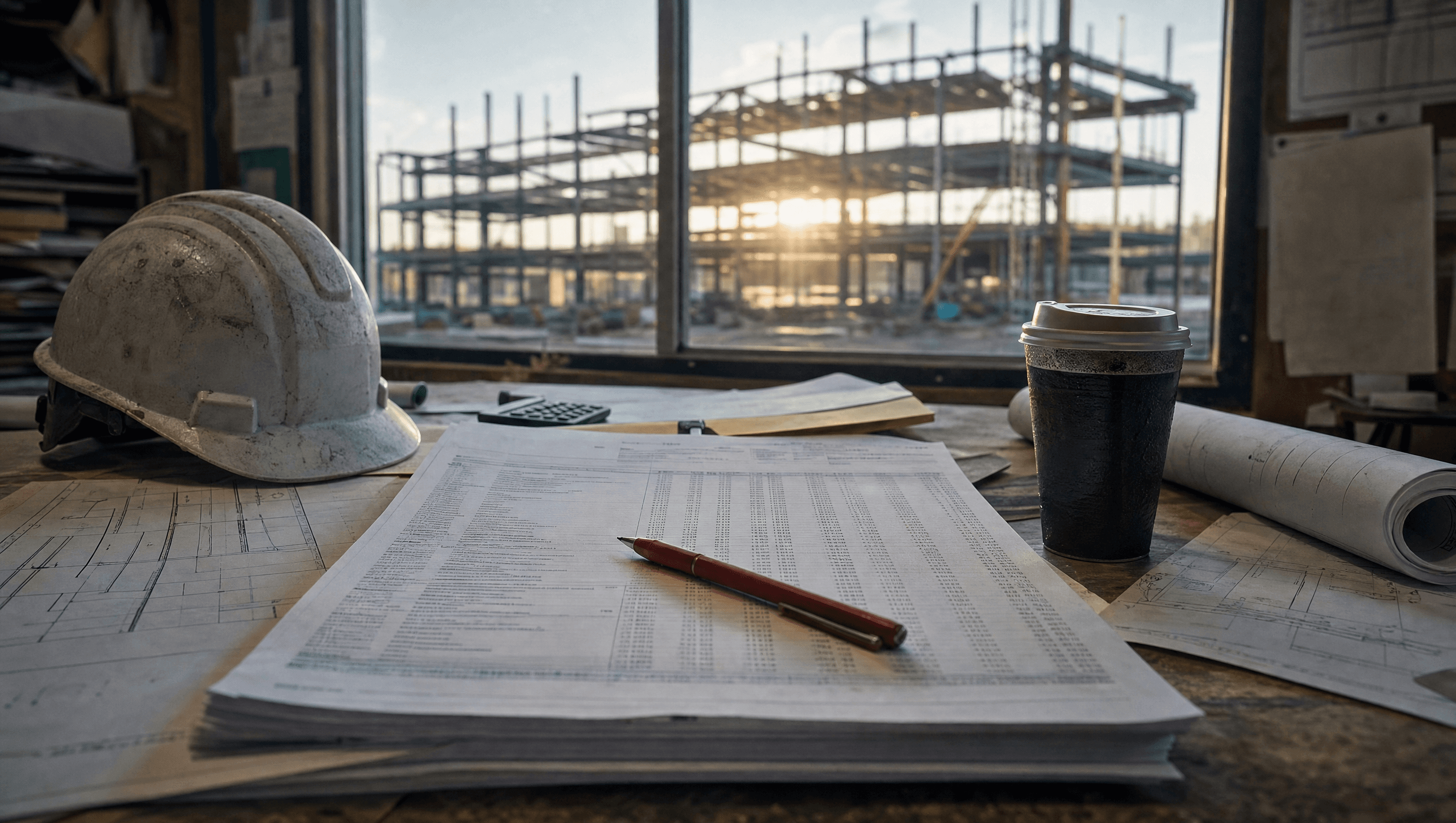 A construction bid estimate open on an estimating desk, with the steel frame of a half-built building visible out of focus through the window