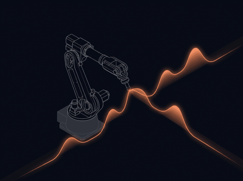 A wireframe robotic arm tracing a glowing sensor waveform