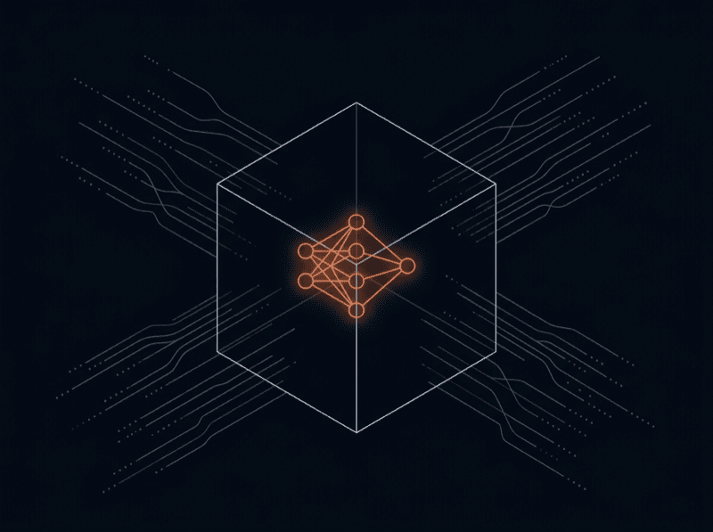 Neural network glowing inside a wireframe boundary cube, data streams stopping at its walls