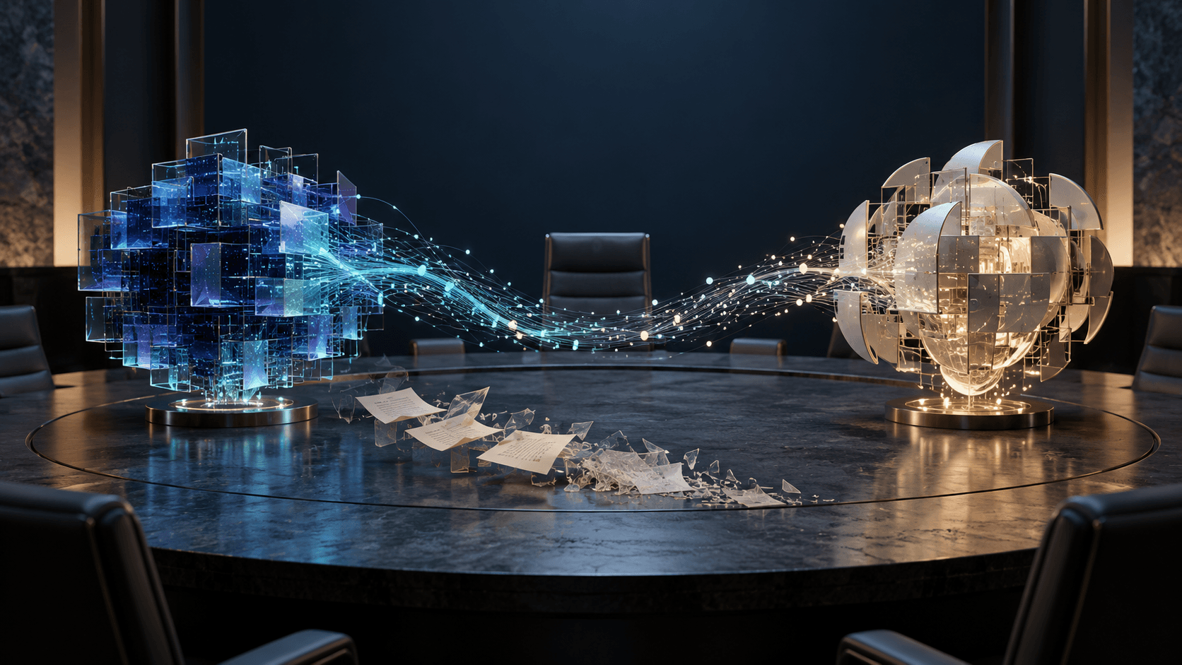 Two distinct abstract AI specialists exchange a luminous information stream across an empty meeting table as paper memos dissolve.