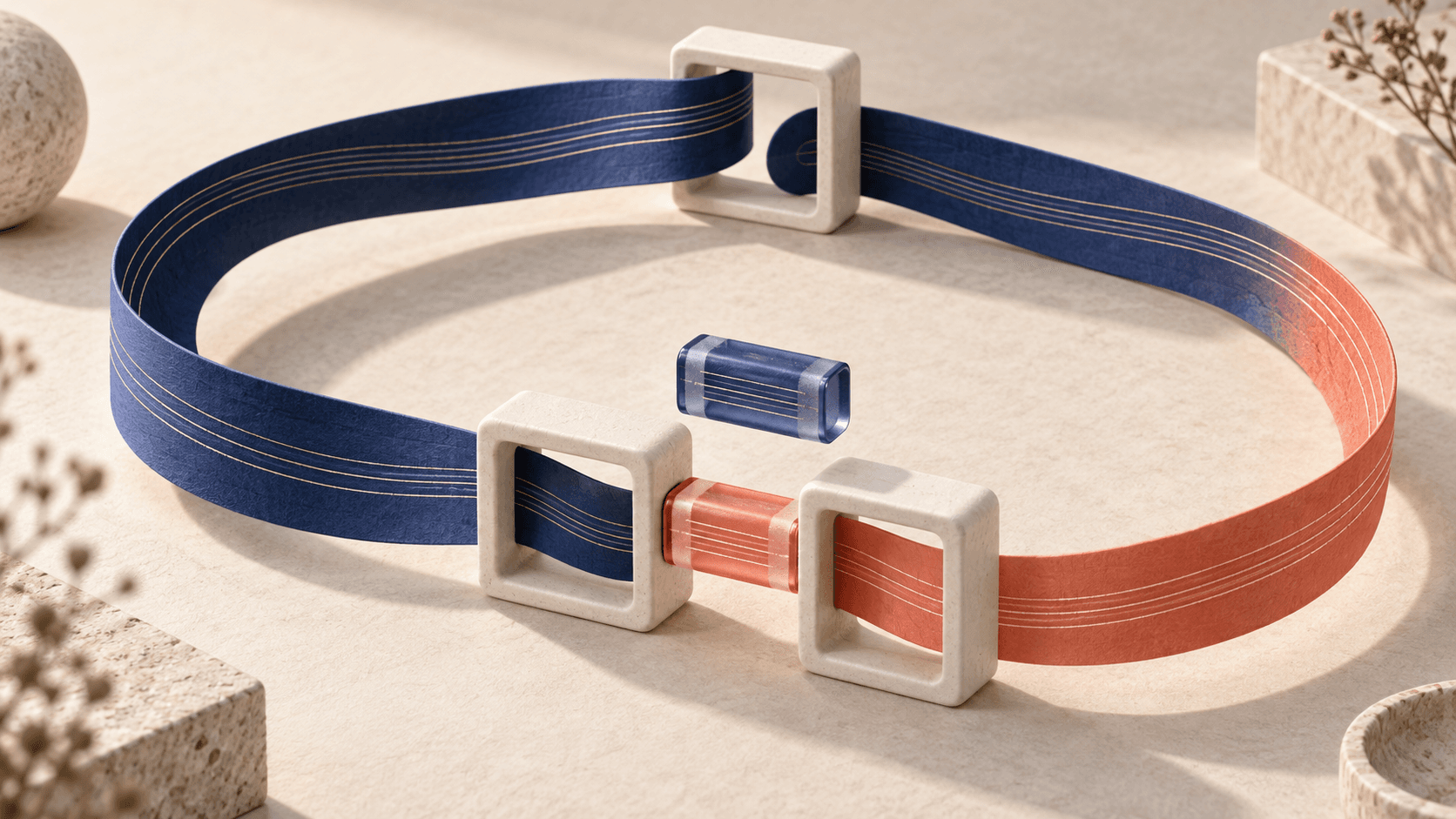 An indigo ribbon loops through ceramic frames. A coral cartridge replaces the carried state, and the outgoing ribbon changes color.
