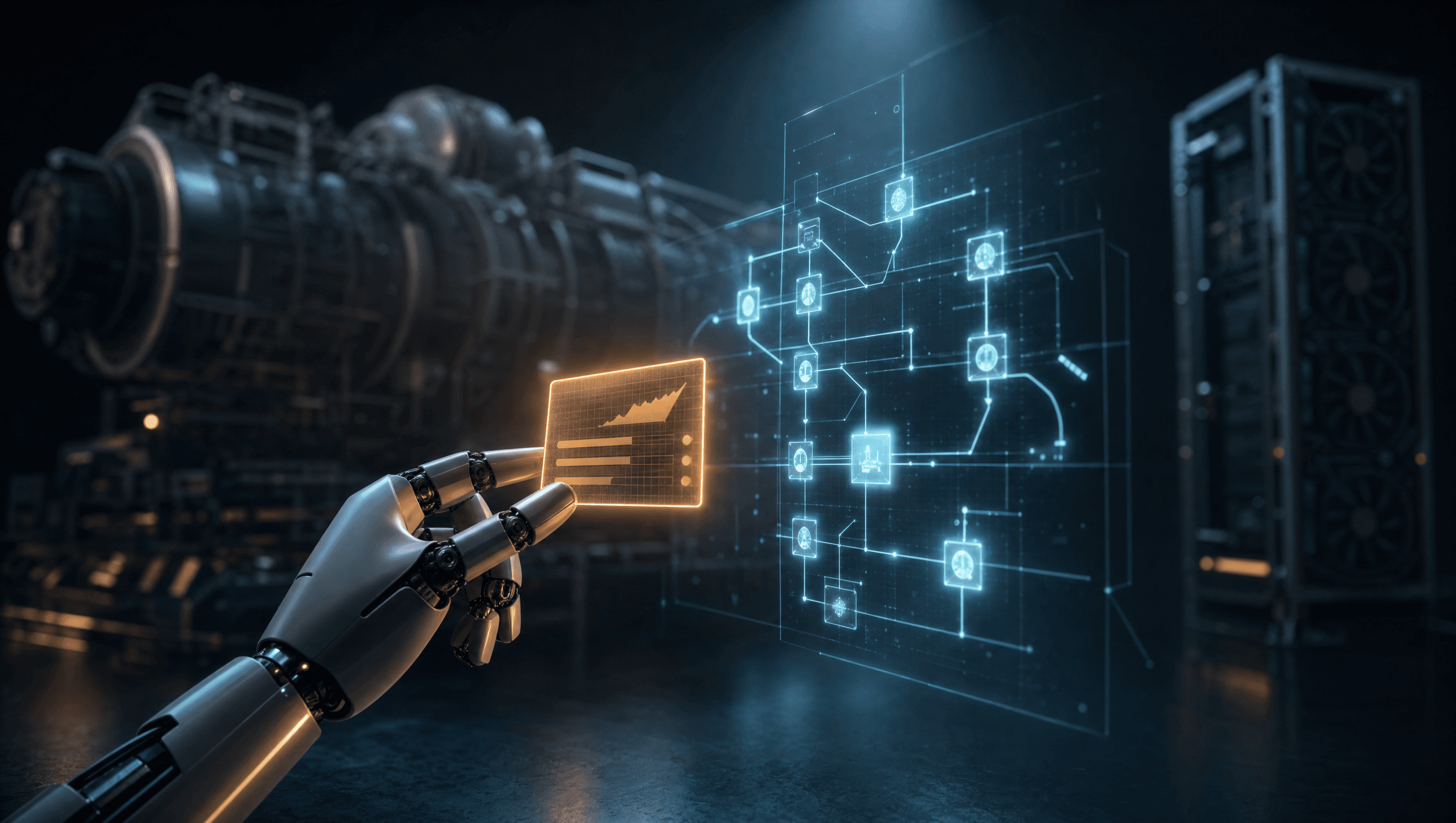 A robotic hand holds a glowing scorecard up to a floating multi-agent plan of glowing nodes and edges, while a huge engine and GPU tower sit dark and idle in the background.