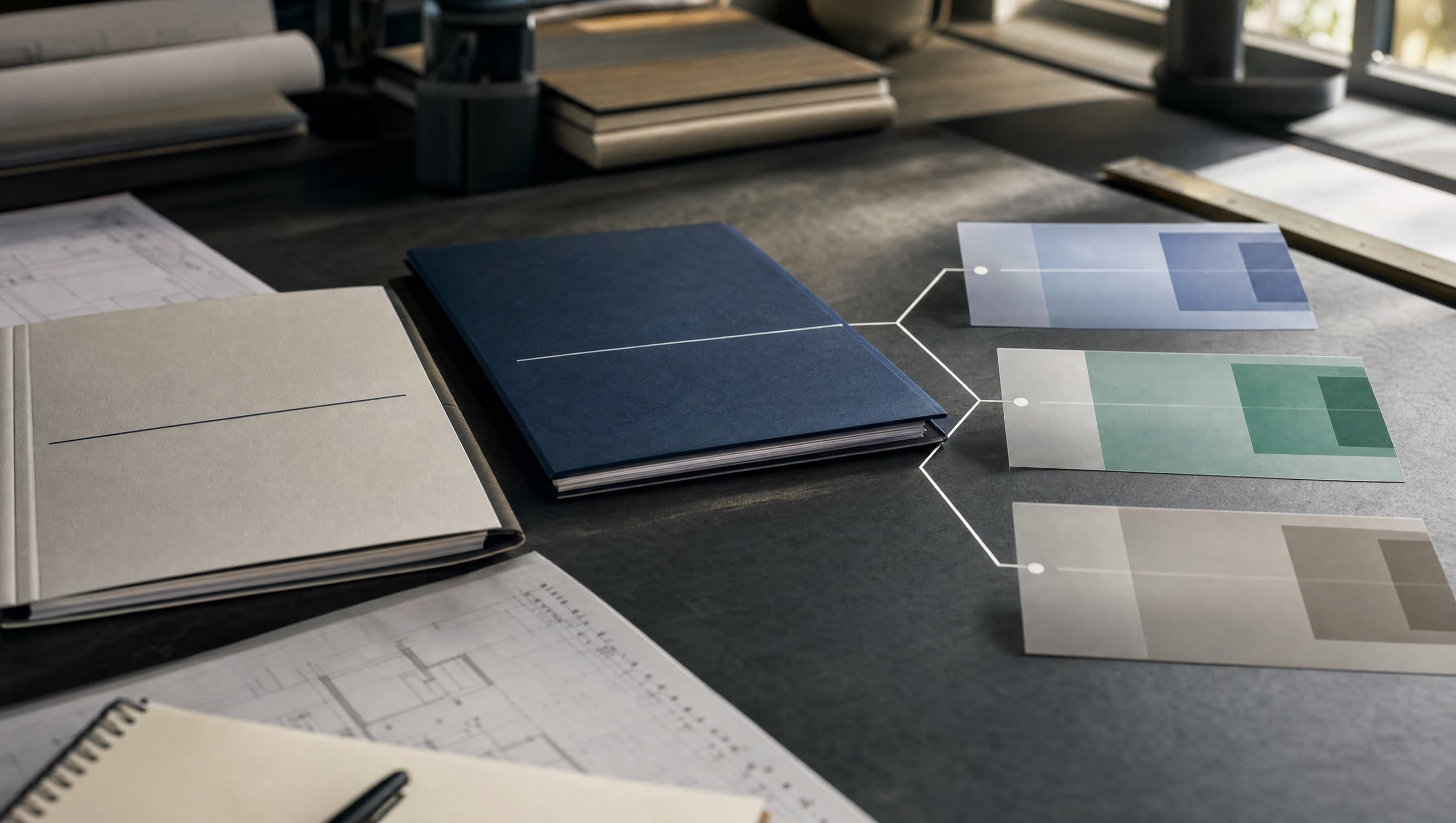 An executive pricing desk where one central rate card branches into several distinct market paths