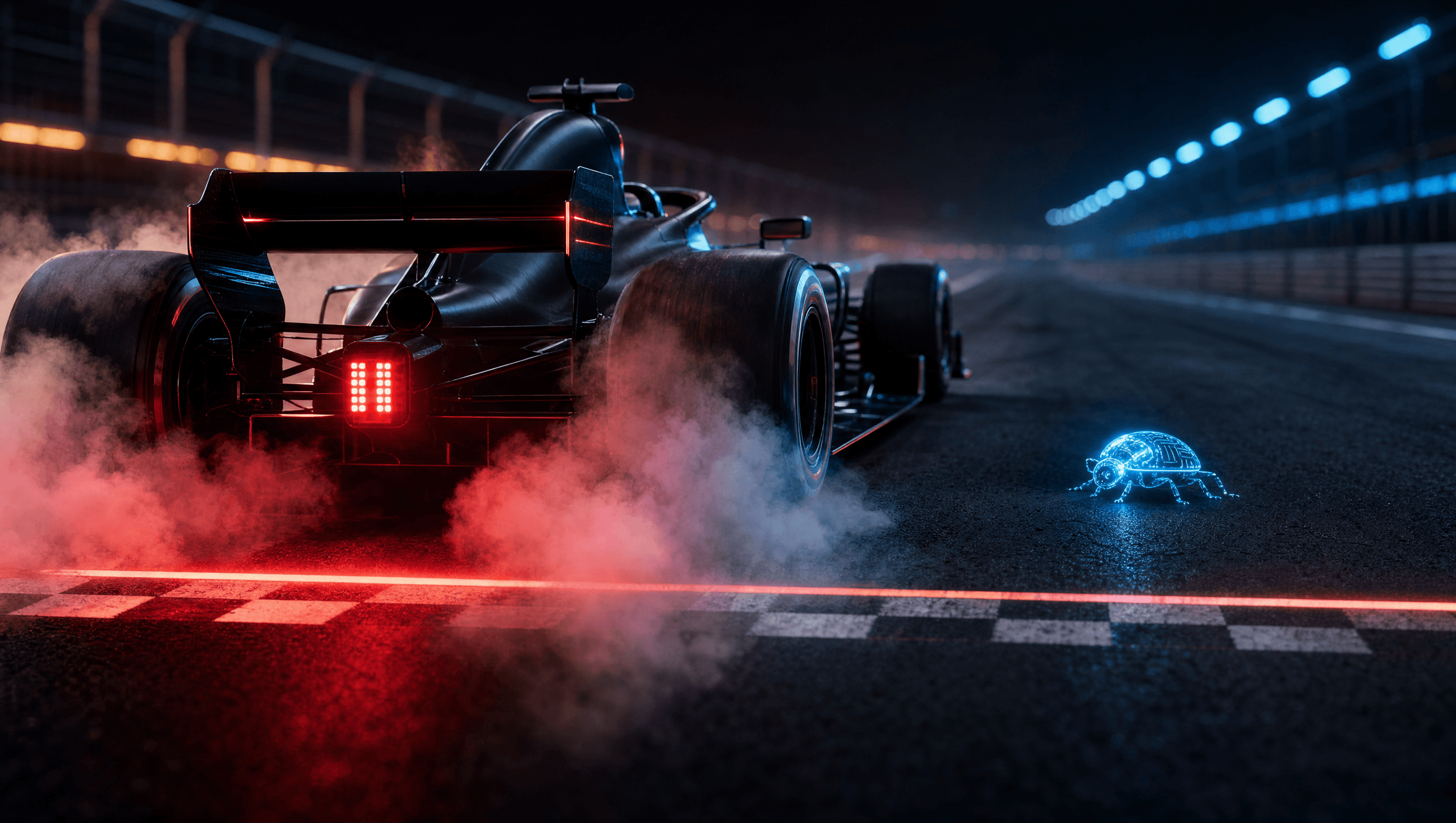 A matte-black race car stalled at the start line, brakes locked and rear tires pouring white smoke, going nowhere, while a small glowing circuit-board bug crawls across the track ahead, never reached.