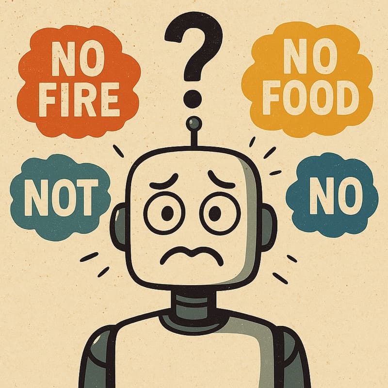 A worried cartoon robot surrounded by thought bubbles reading NO FIRE, NO FOOD, NOT, and NO