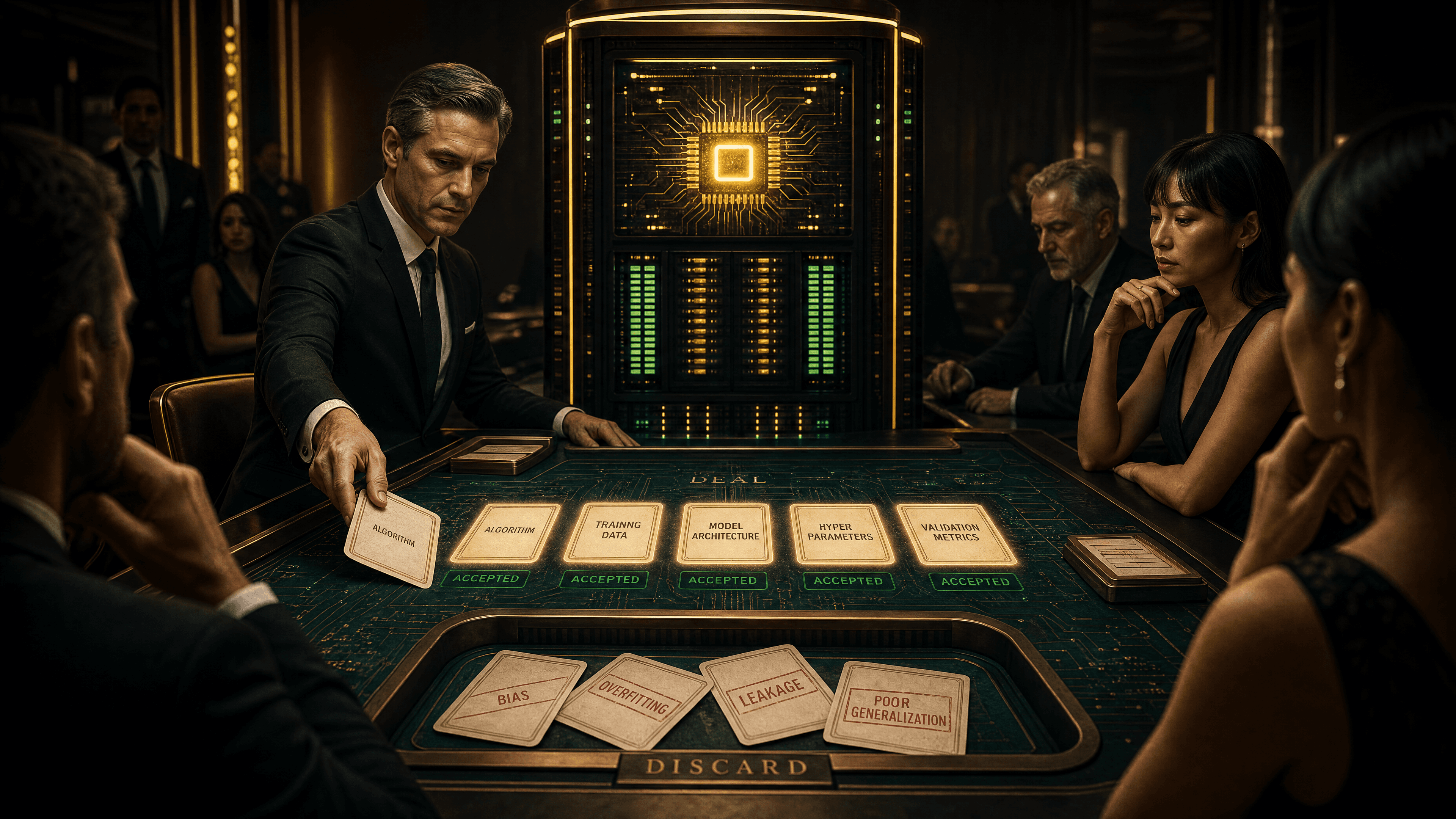 A cinematic casino table where AI word tokens are accepted or discarded, with a glowing GPU server behind the dealer