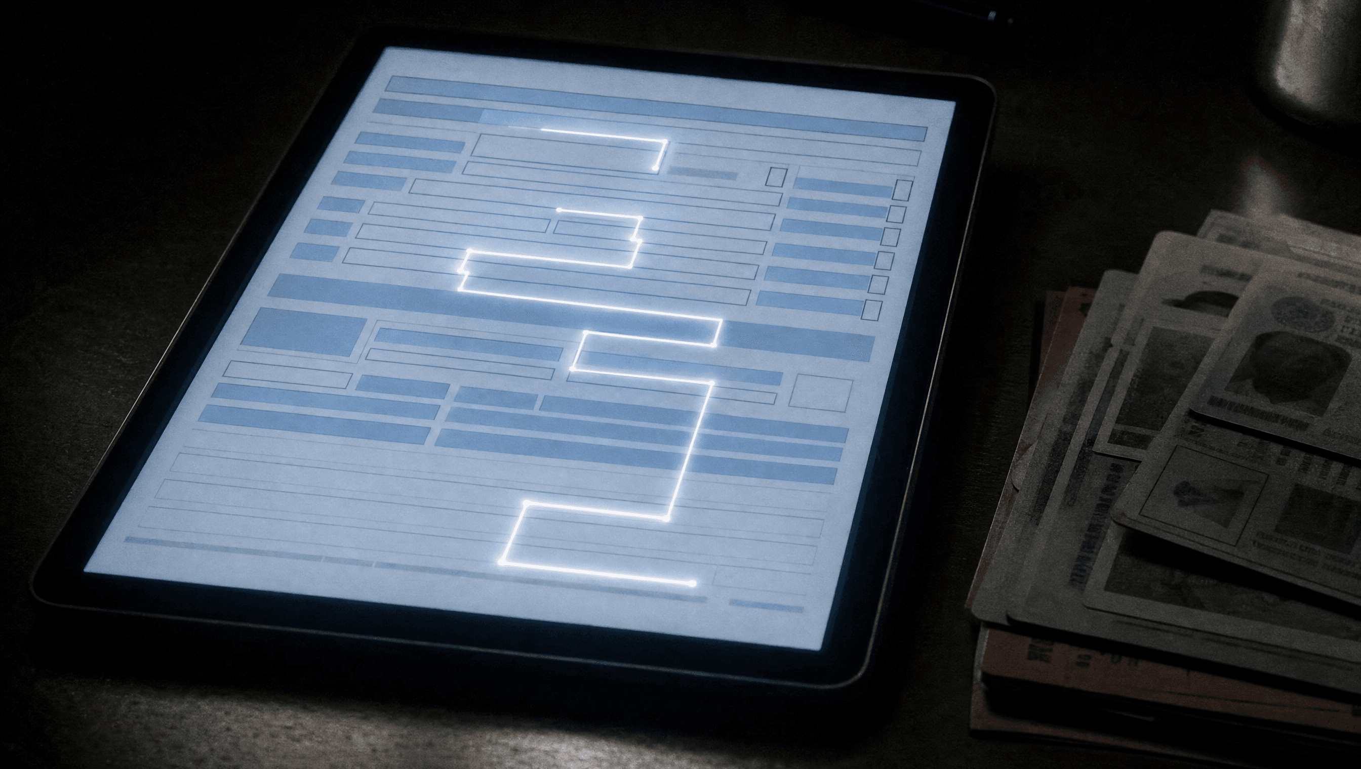 A loan application form on a tablet at night, with an unnaturally straight light trail tracing the path across its input fields, and ordinary-looking identity documents in shadow beside it