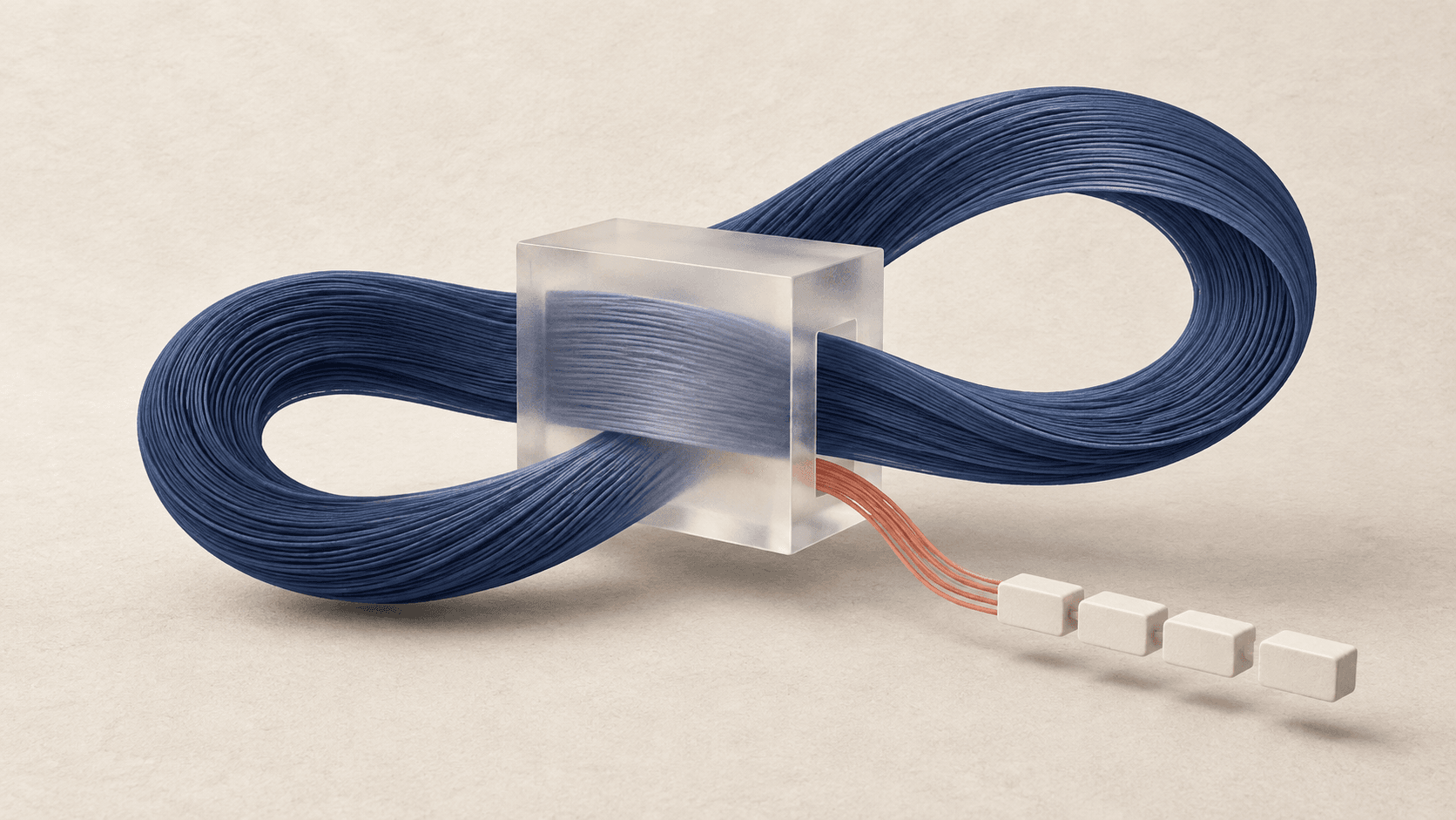 An indigo ribbon loops through a translucent model core while a coral branch becomes discrete token tiles. Conceptual illustration of vector feedback.