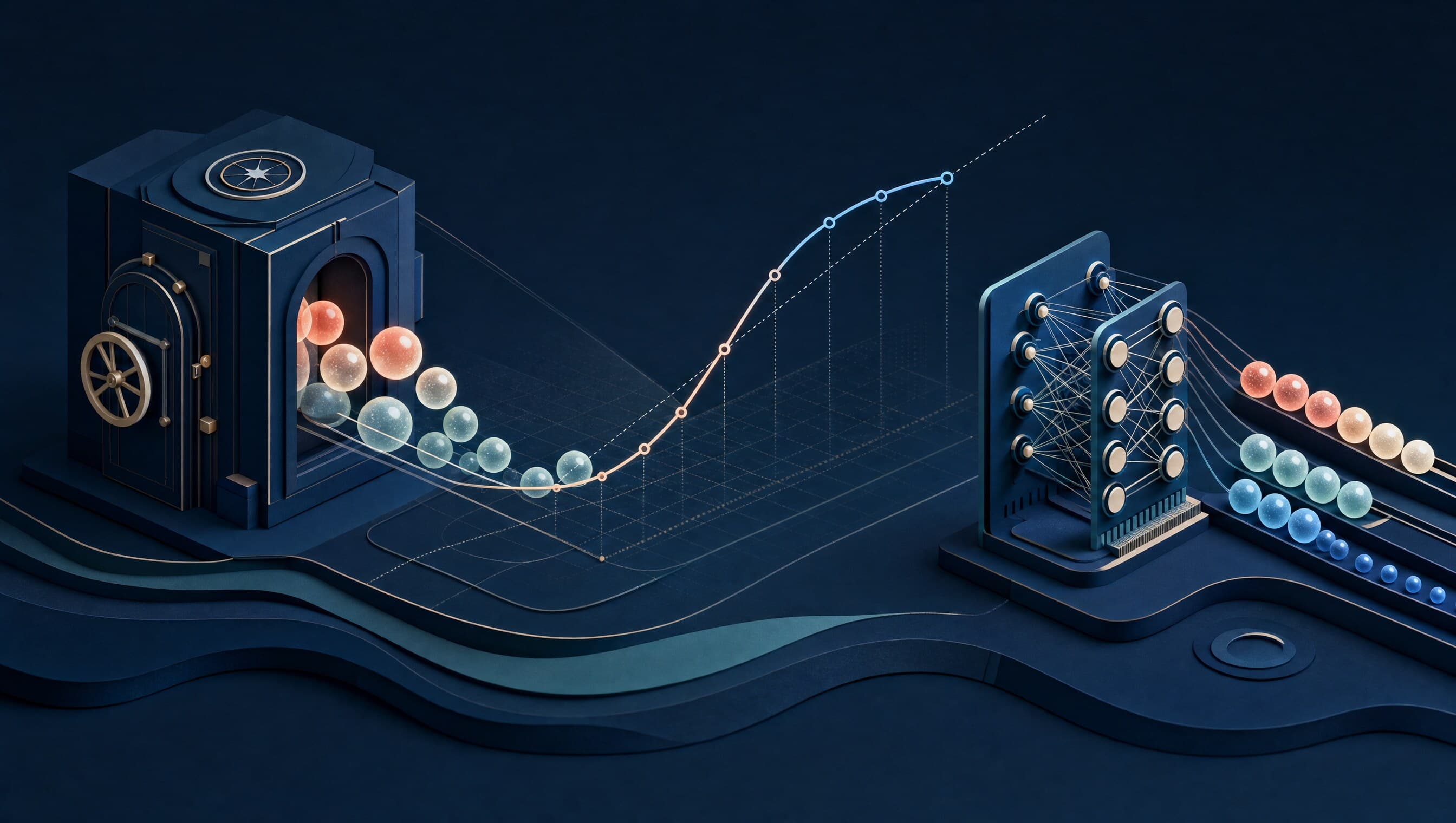A sealed decision machine and a compact neural network sort probability spheres on opposite sides of a calibration curve.