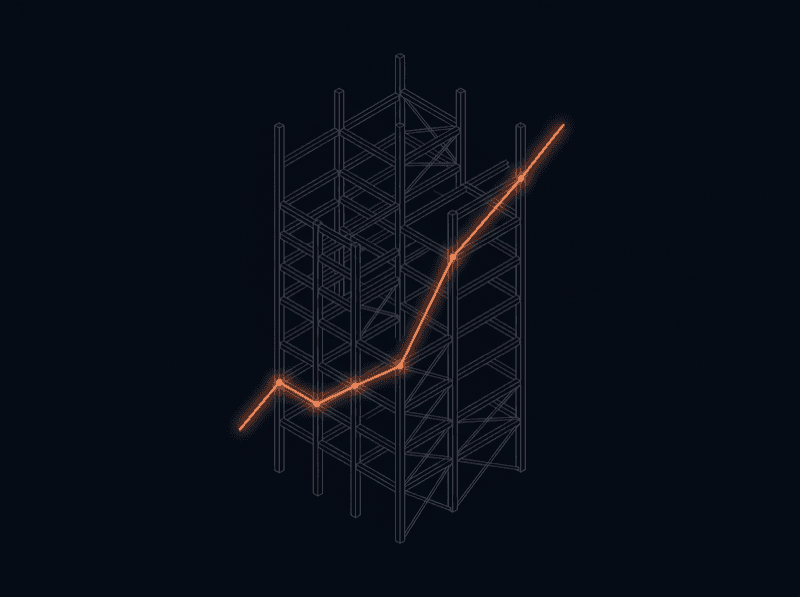 Wireframe structure with a rising orange profit line