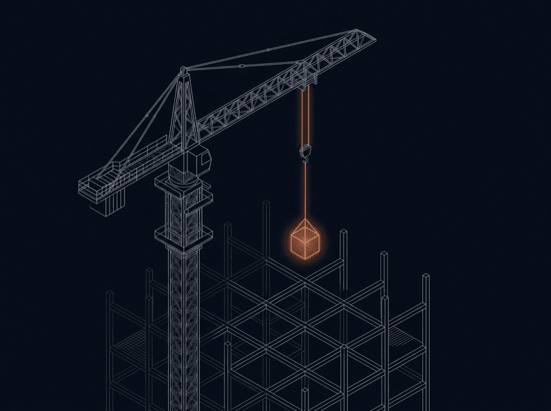 A wireframe tower crane lifting a glowing orange cube onto a structure