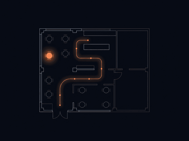 A restaurant floor plan with a glowing queue path winding to the counter