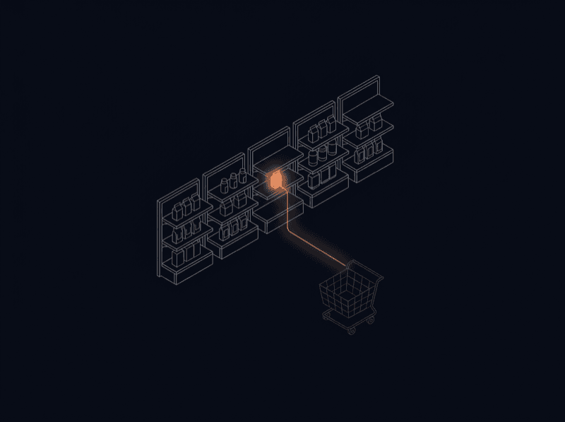 A glowing item on a wireframe shelf connected to a shopping cart