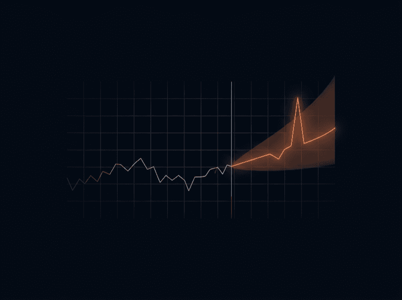 Historical line handing off to an orange forecast spike inside an uncertainty cone